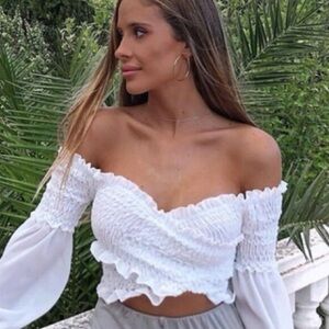Zara White Crop Top Smocked Shirred Detail Blouse Bloggers Favorite